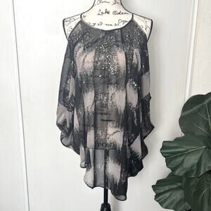 Sheer Asymmetrical  Peek-a-Boo Sleeve Flowy Blouse Size Medium/Large
